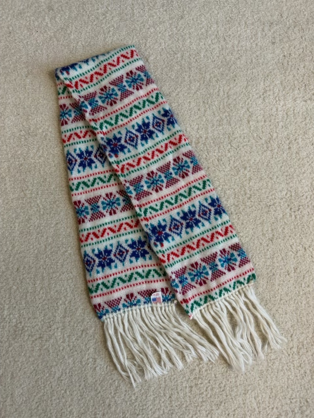 Fair Isle Pattern Knit Scarf in Cream with Red, Green & Blue Winter